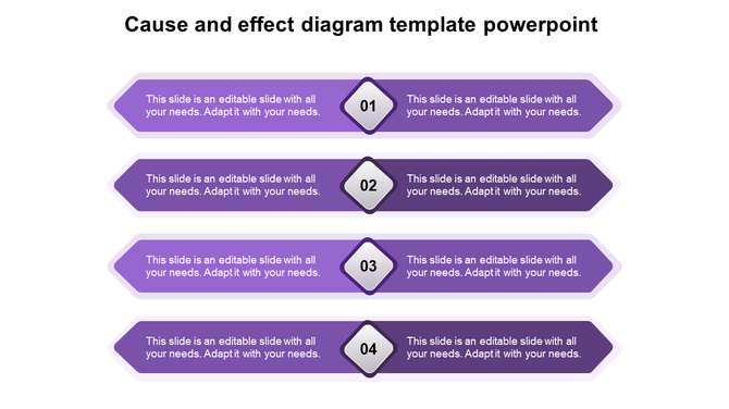 Four purple arrows in a row, each with a numbered diamond shape and space for text, representing cause and effect.