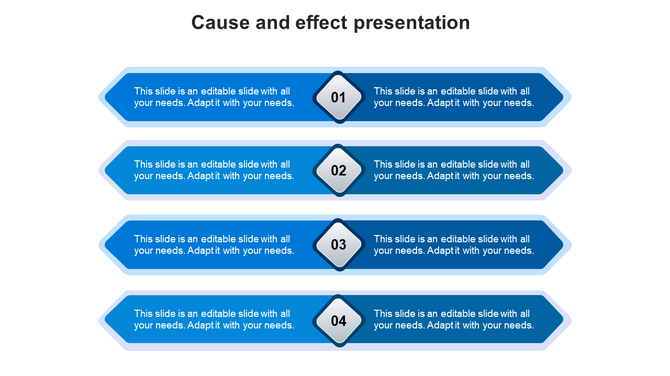 Cause and effect diagram with four rows of blue arrows and central diamond steps numbered 01 to 04.