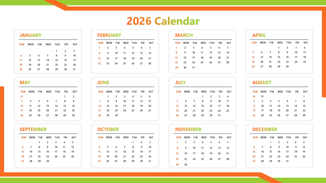 PPT Calendar Template with 2026 yearly grid, white month cards, orange headers, and green borders.