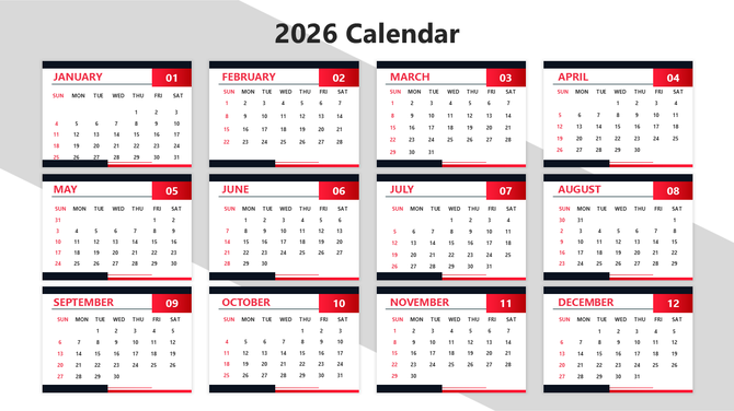 2026 Calendar Template in PPT showing all 12 months with red highlights, black bars, and minimal grid-style date layout.