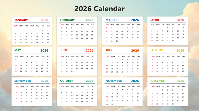 2026 PPT calendar template with 12 monthly boxes, color-coded headers, clean date grids, and a soft cloudy background.