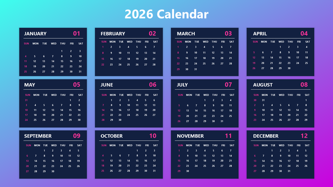 2026 editable calendar template with dark monthly boxes, pink highlights, clean date grids, and a blue-purple background.