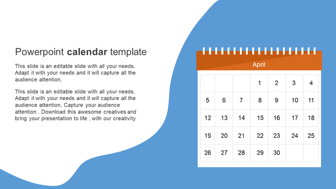 April calendar on right with orange top bar and black text, beside left-aligned paragraph text on a light abstract layout.