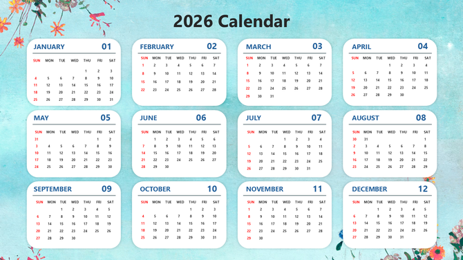 2026 monthly calendar with rounded white date boxes on a blue floral background featuring bright decorative flowers.