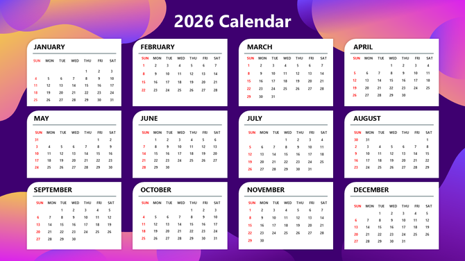 Free 2026 PowerPoint calendar showing twelve monthly grids on a purple gradient background with clean layout UI.