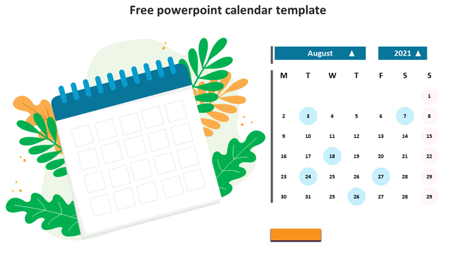 Colorful August 2021 calendar on right with blue dates, next to a decorative calendar graphic with leaves on the left.