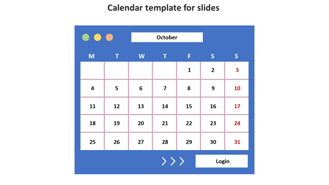 Monthly October calendar in a blue frame with navigation arrows and login button, featuring Sundays in red text.