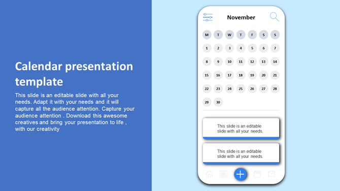 November calendar layout shown on a mobile device with two text boxes on the bottom, set against a blue backdrop.