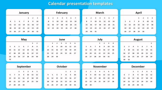 Grid of monthly calendars from January to December, each with neatly aligned dates, on a blue gradient background.