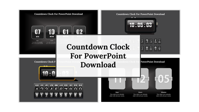 Four slides showcasing different countdown clock designs for PPT, with sections for days, hours, minutes, and seconds.