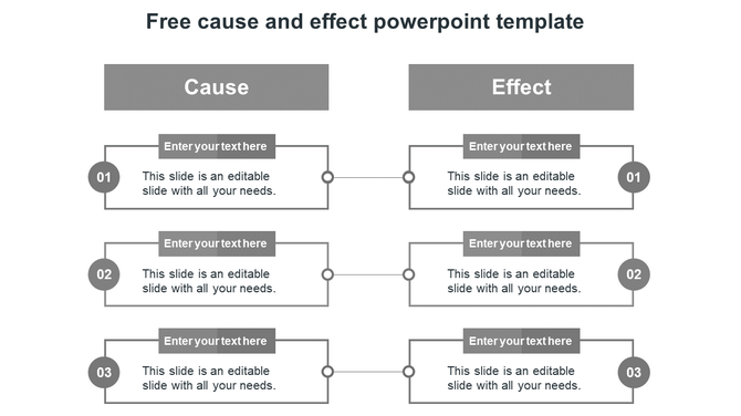 Grey template showcasing cause and effect relationships in three numbered boxes with connecting lines and placeholders.