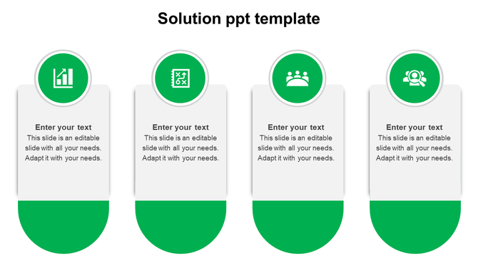 Solution PPT slide with four infographic sections, each featuring green icons and placeholder text on a white backdrop.