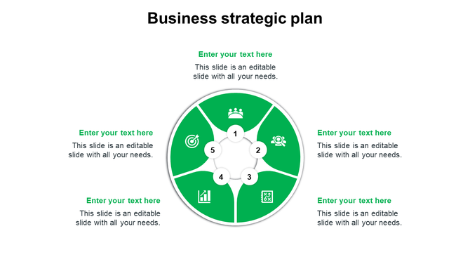 Business strategic plan slide with a central green circle containing five numbered sections, each with an icon.