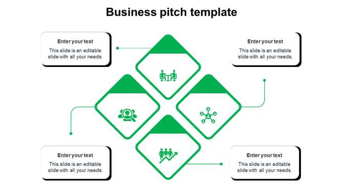 Business pitch PowerPoint template with four green diamond shaped sections, each containing icons with placeholder text.
