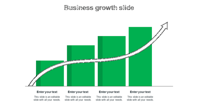 Business growth slide with four ascending green bars and a bold black upward arrow, each bar labeled with placeholder text.