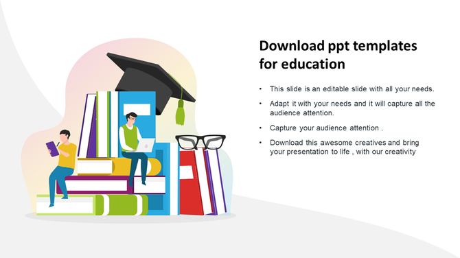 Educational slide with students sitting on large books, a graduation cap, and glasses, alongside text.