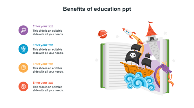 Education slide with four colored icons and text on the left, and an open book showing a pirate ship, castle, and rocket.