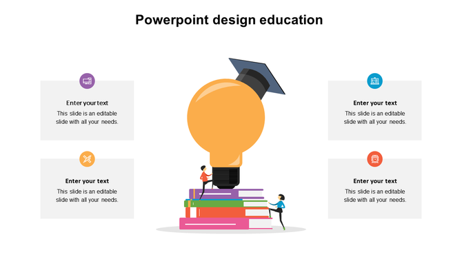Education slide with a lightbulb in graduation cap on stacked books, surrounded by four text boxes with icons and captions.