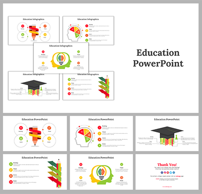 Best collection of modern education PowerPoint slides with infographic designs, academic icons, and colorful visuals.