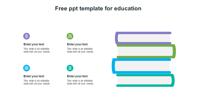 Education slide featuring a vertical book stack on the right and four colorful icons with text captions on the left.