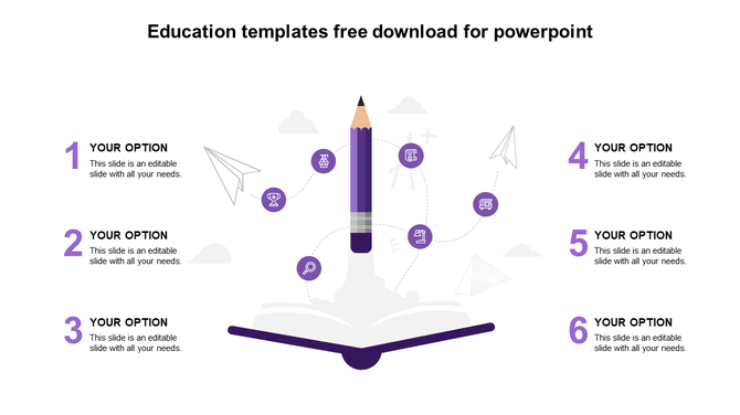 Education themed layout with a pencil launching from a book, surrounded by six icons and numbered text areas on both sides.