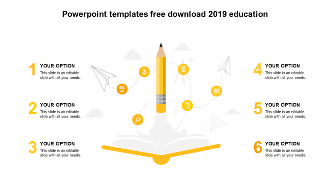 Education-themed template with a pencil at the center of a book, with six numbered sections for text input.