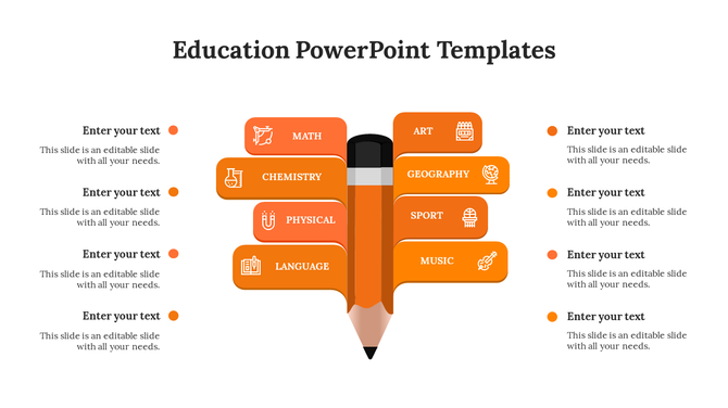 Education themed slide featuring an orange pencil in the center, with subject labels branching out and text on both sides.
