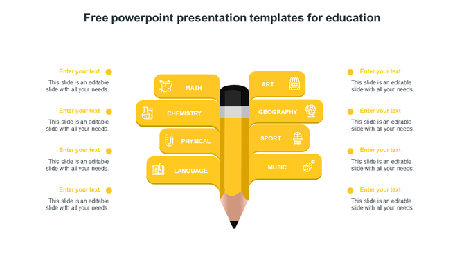 Yellow pencil infographic with eight labeled education topics extending from the center and text placeholders on both sides.