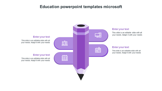 Education themed layout with a vertical purple pencil and three purple labels with icons branching from each side.