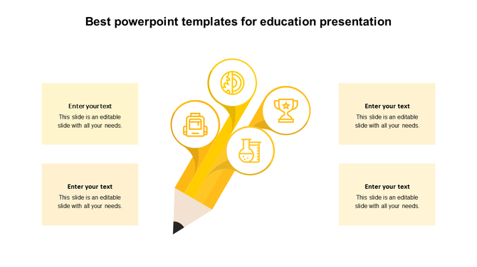 Yellow pencil graphic splitting into four icons for education, with beige text boxes on either side for information.