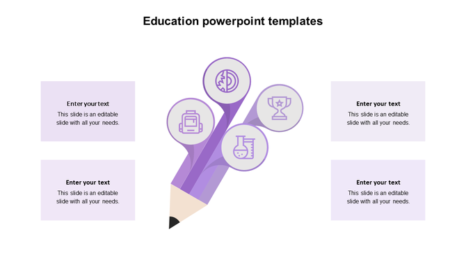 Purple pencil graphic branching into five circular education icons, with paired text boxes on both left and right sides.