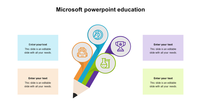Colorful pencil with four icons in yellow, blue, green, and purple, representing education, surrounded by text boxes.