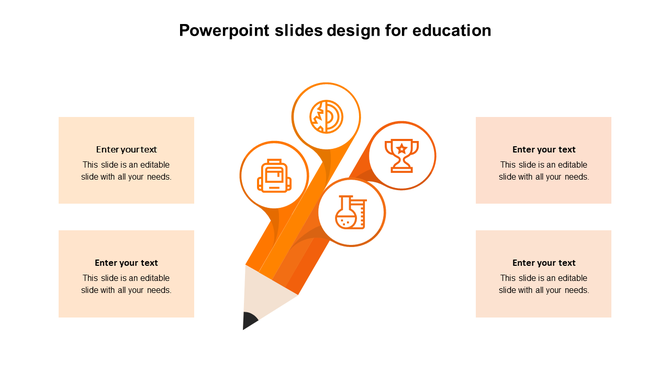 Educational infographic with central pencil splitting into globe, backpack, trophy, and lab icons, with four text areas.