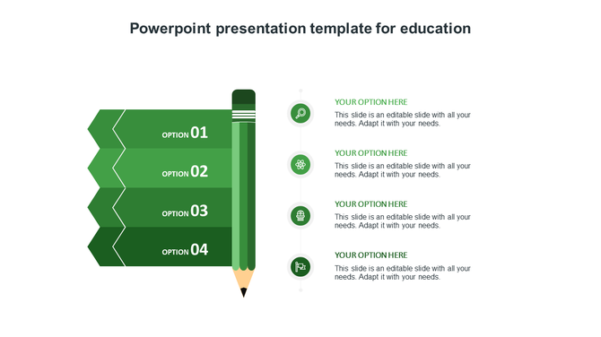 Educational layout with vertical pencil and four green arrow-shaped options aligned with circular icons and captions.