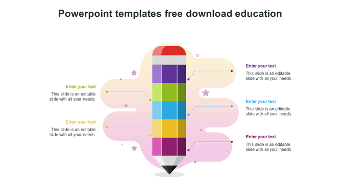 Slide with a multicolored vertical pencil in the center, pointing to six captions arranged symmetrically on both sides.
