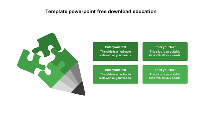 Slide featuring a green pencil with four puzzle pieces, paired with rectangular text boxes for content.
