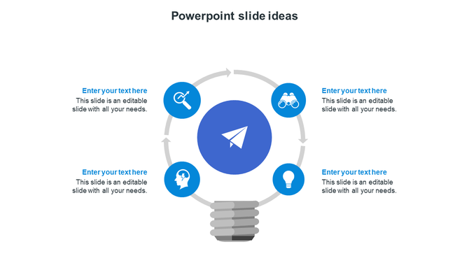 Blue themed template with a central light bulb and four icons arranged in a circular flow.