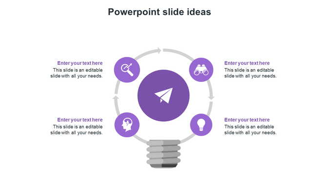 Creative PPT slide with a circular infographic and a lightbulb shaped design, featuring purple icons and text placeholders.