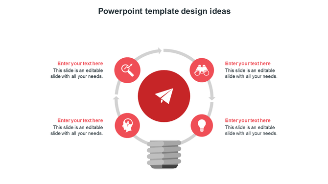 Slide design idea graphic with five red icons around a central circle and circular arrows forming a light bulb shape.