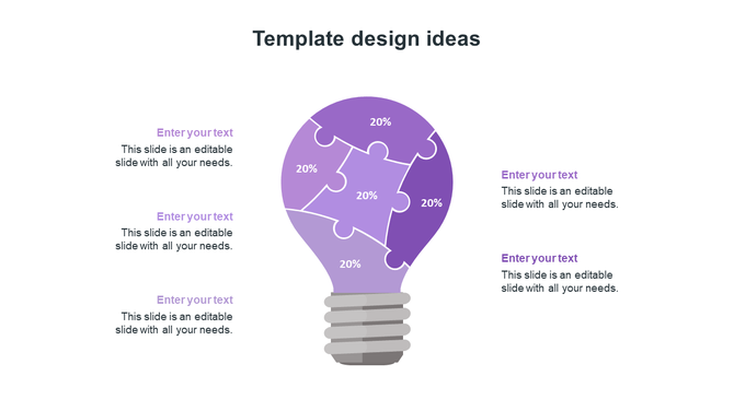 Infographic featuring a segmented purple light bulb made of five puzzle pieces, surrounded by six lavender caption areas.