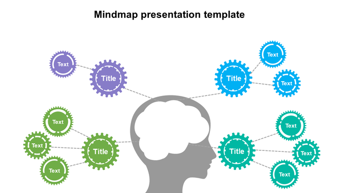 Colorful mindmap PowerPoint template with a human head silhouette and interconnected gears on a white backdrop.