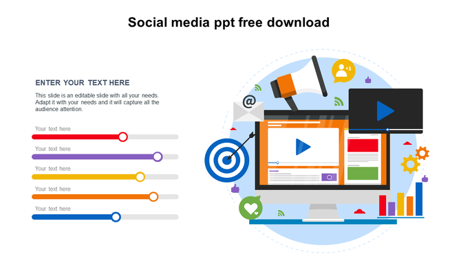 Social media marketing illustration with desktop screen, megaphone, video icon, target symbol, and colorful progress sliders.