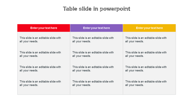 Three column table with red, purple, and yellow headers, each containing four rows of  placeholder text areas.