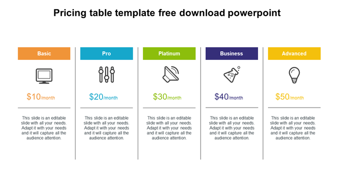 Pricing table with five columns of colored headers in orange, blue, green, purple, and yellow, each with icon and captions.