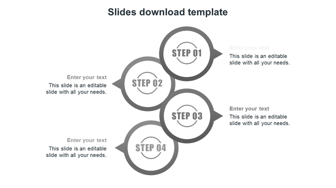 Four grey circular steps design with a spike, arranged vertically, each labeled with a step number and text fields.