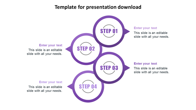 Cool modern process flow PowerPoint slide featuring four overlapping purple circles with numbered steps and placeholder text.