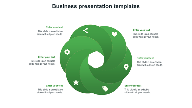 Business green infographic with six overlapping loops, each containing a white icon and surrounded by  text boxes.