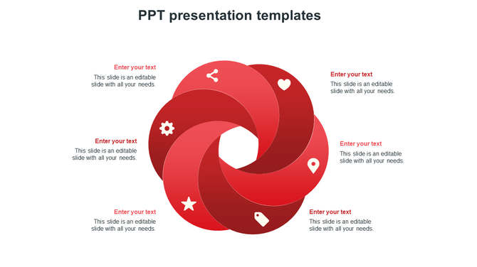 Red business infographic with six overlapping segments, each containing a white icon and surrounded by editable text boxes.