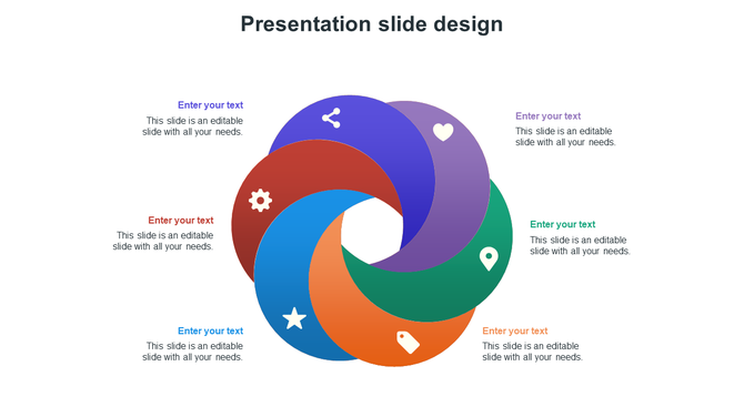 Colorful looped ring diagram with six segments and icons, surrounded by matching text placeholders on a white background.