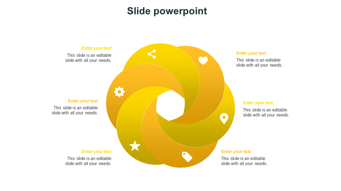 Yellow circular swirl diagram with six overlapping segments and white icons, surrounded by placeholder text on all sides.